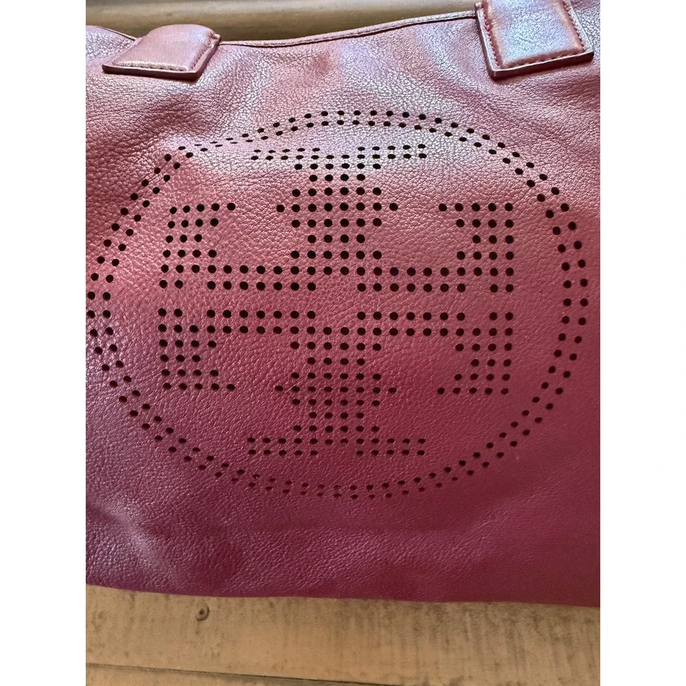 Tory Burch Tote Bag Women's Large Burgundy Leather Perforated Logo